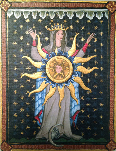 Pintura de Ana Contreras, copia de un manuscrito medieval - La Mujer vestida de Sol