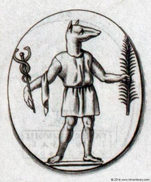 Hermes cinocéfalo con caduceo y una rama quizá de palmera.