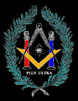 Logo de la Gran Logia Operativa. Compás, Escuadra amarilla y Columnas roja y azul, contiendo el Ojo que lo ve todo y en el centro de unas ramas de olivo y laurel.